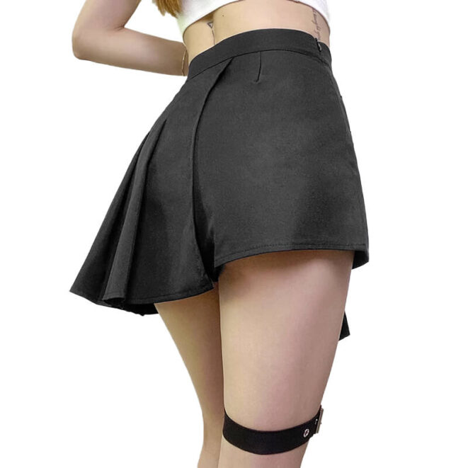 Asymmetric Black E-Girl Pleated Skirt for Women Side Belts (2)