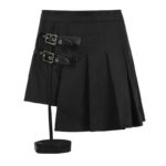 Asymmetric Black E-Girl Pleated Skirt for Women Side Belts (1)