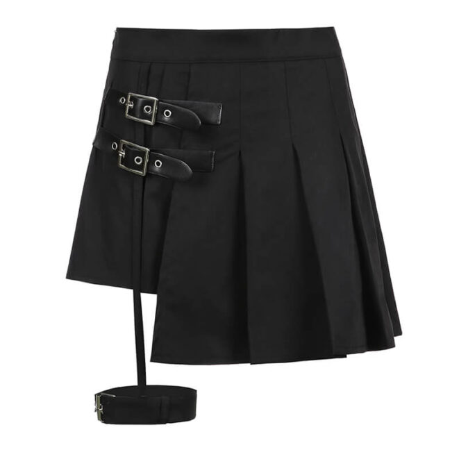 Asymmetric Black E-Girl Pleated Skirt for Women Side Belts (3)