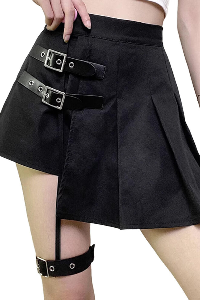 Asymmetric Black E-Girl Pleated Skirt for Women Side Belts (4)