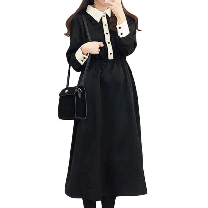 Dark Academia Black Women Dress Knee Long Vintage (1)