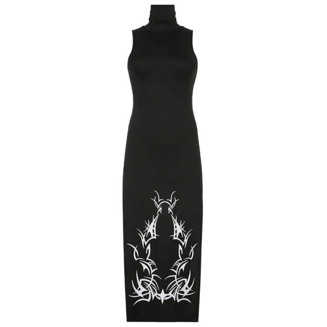 Dark Fashion Black Sleeveless Long Dress Turtleneck (3)
