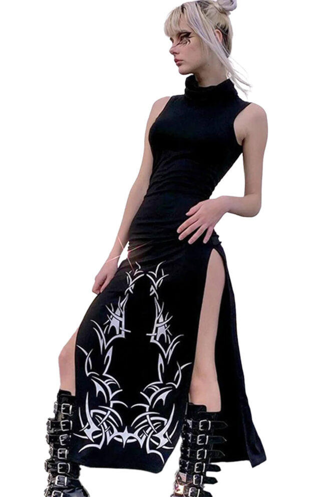Dark Fashion Black Sleeveless Long Dress Turtleneck (5)