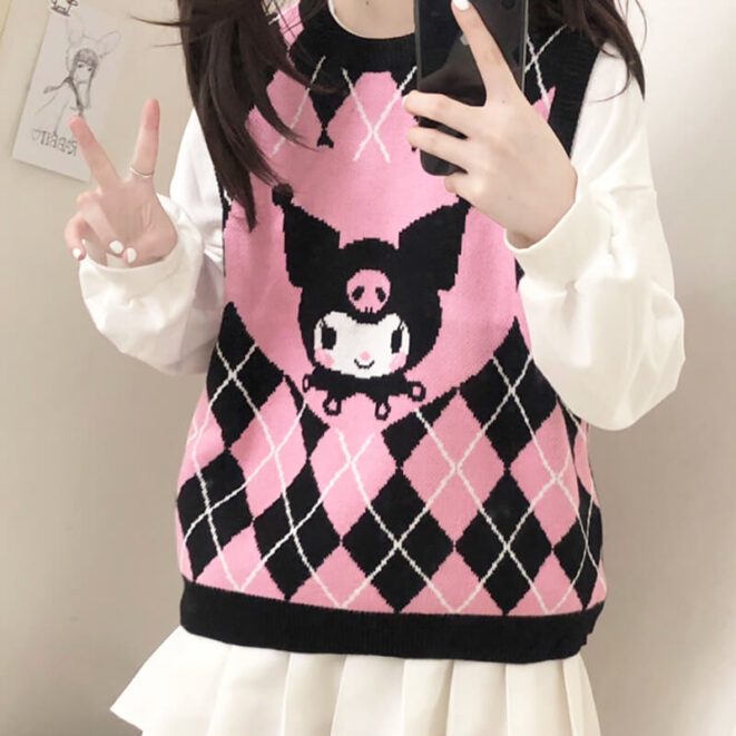 Diamond Checkered Pink Kuromi Sweater Vest for Women (2)