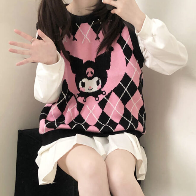Diamond Checkered Pink Kuromi Sweater Vest for Women (3)