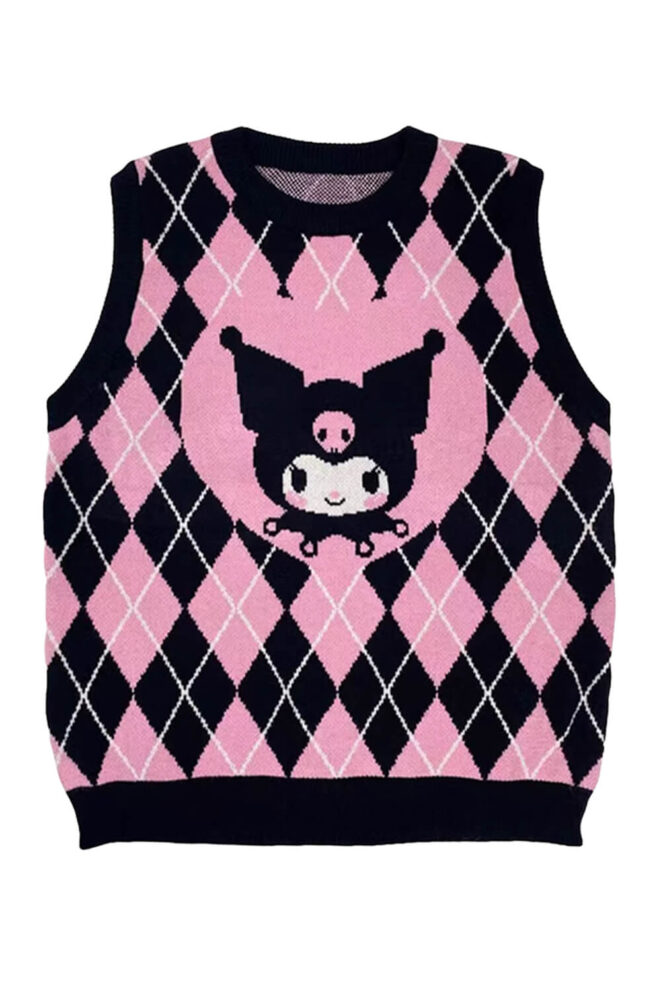 Diamond Checkered Pink Kuromi Sweater Vest for Women (4)