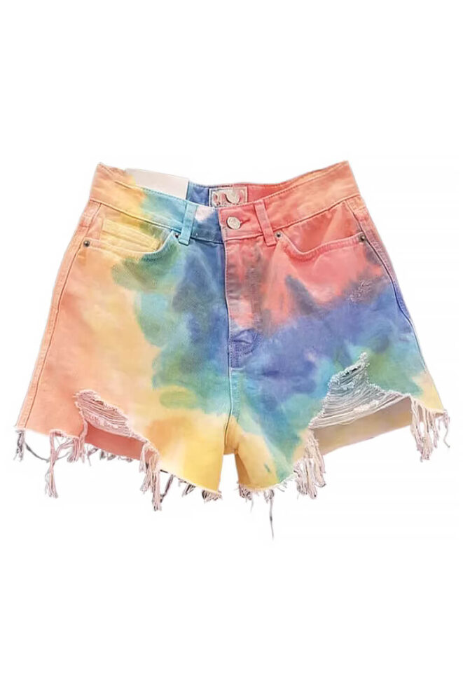 Rainbow Tie Dye Denim Shorts for Women Indie Style (2)
