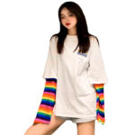 School Girl Women T shirt Long Sleeves Rainbow 3