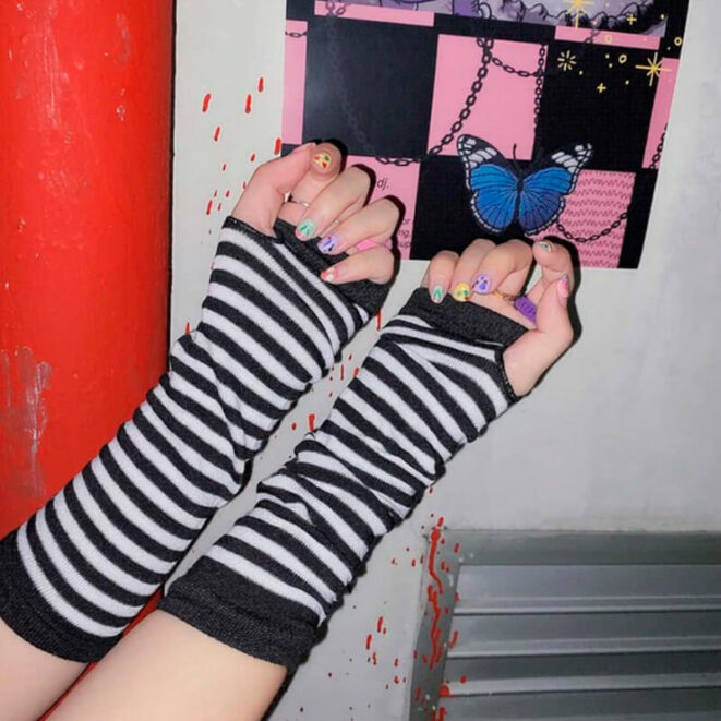 Striped-Elbow-Length-Fingerless-Gloves-Emo-Punk-Anime-Egirl-3
