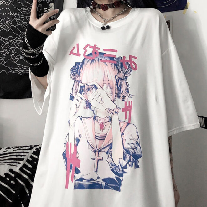 T-Shirt-for-Women-Cartoon-Print-Anime-School-Girl-1