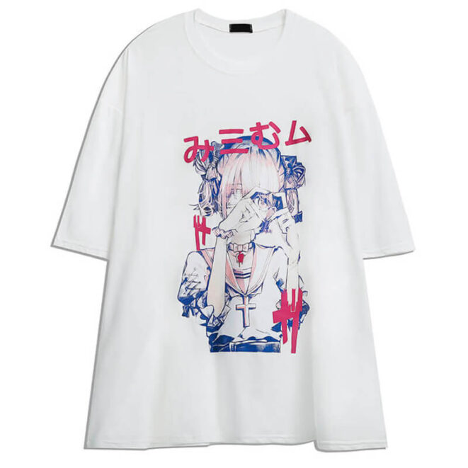 T-Shirt-for-Women-Cartoon-Print-Anime-School-Girl-White