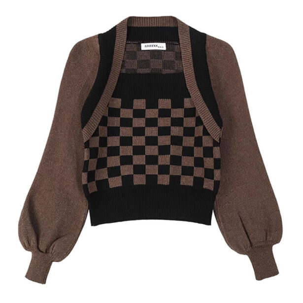 Checkered Brown Long Sleeve Top for Women Art Academia 1