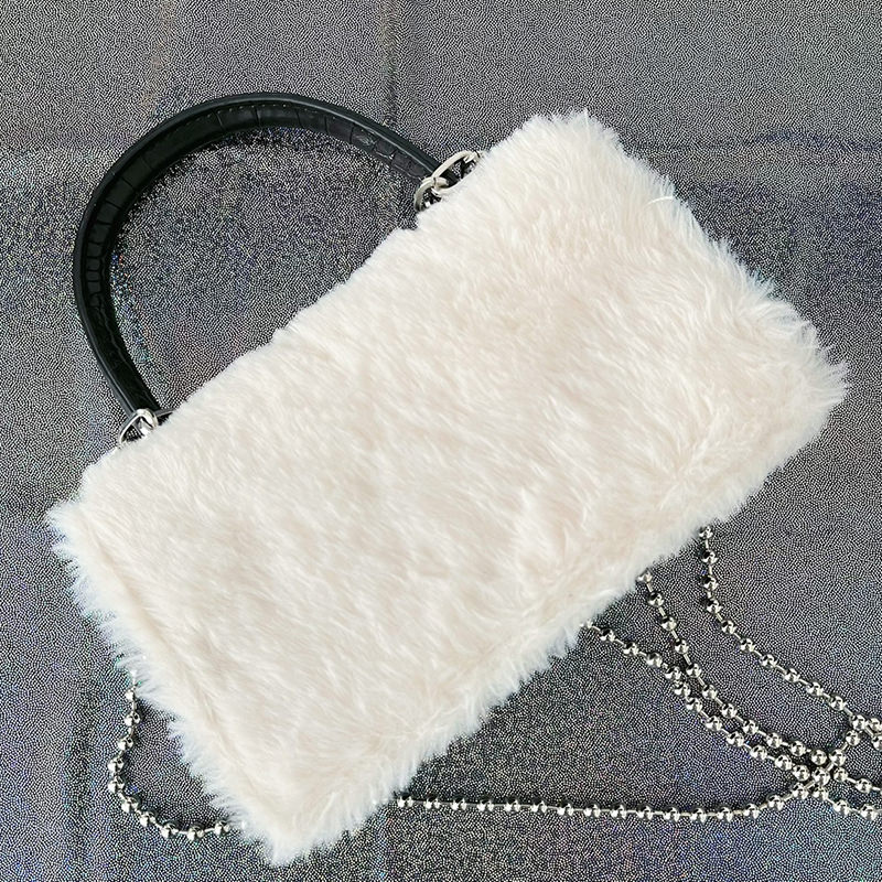 Faux Fur Black White Goth Aesthetic Silver Cross Shoulder Bag