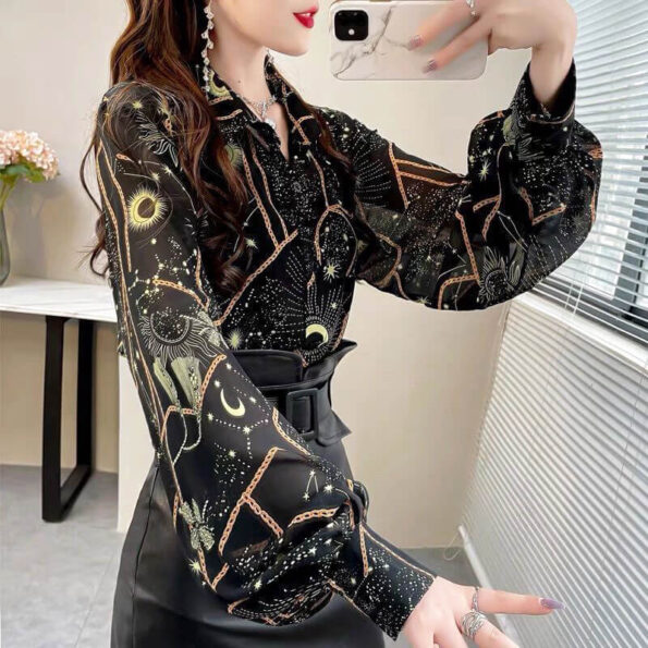 Sun Moon and Stars Lantern Sleeve Celestial Blouse for Women