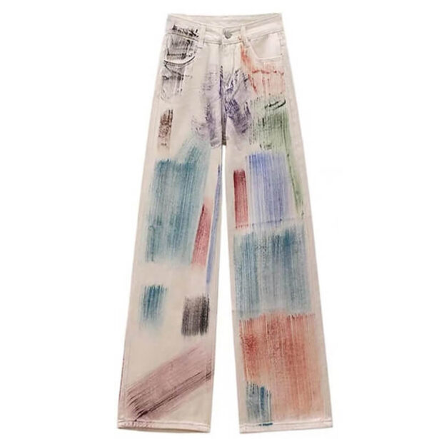 Colorful Artsy Abstract Panting White Denim Women Jeans 1