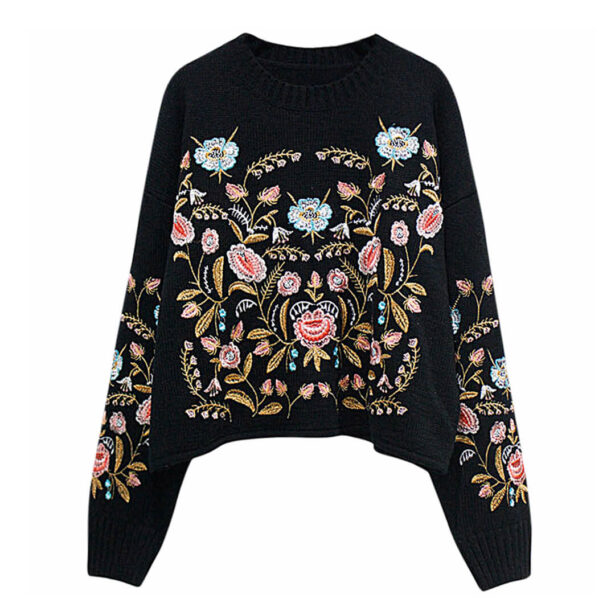Ethnic Flowers Embroidery Knitted Women Sweater Retro Style 1