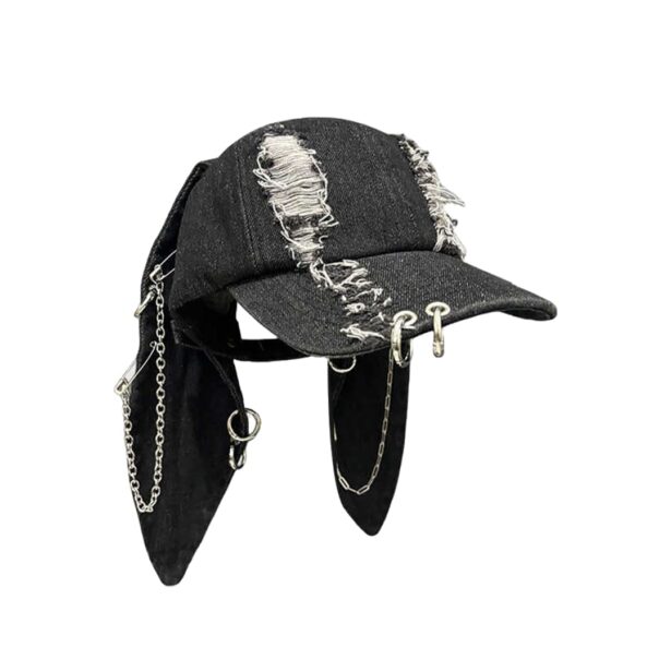 Black Denim Baseball Cap Hardware Accents and Bunny Ears 1