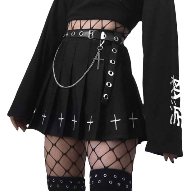 Black Goth Aesthetic Cross Print Women Skirt