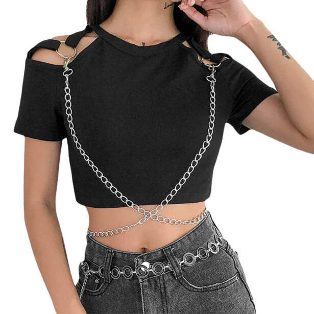 Black Goth Crop Top With Chains