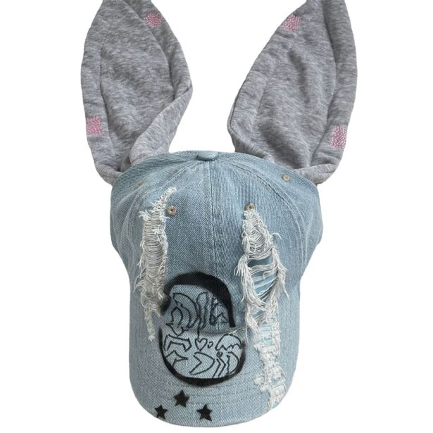 Denim Baseball Cap Graffiti and Bunny Ears Kidcore Aesthetic 1