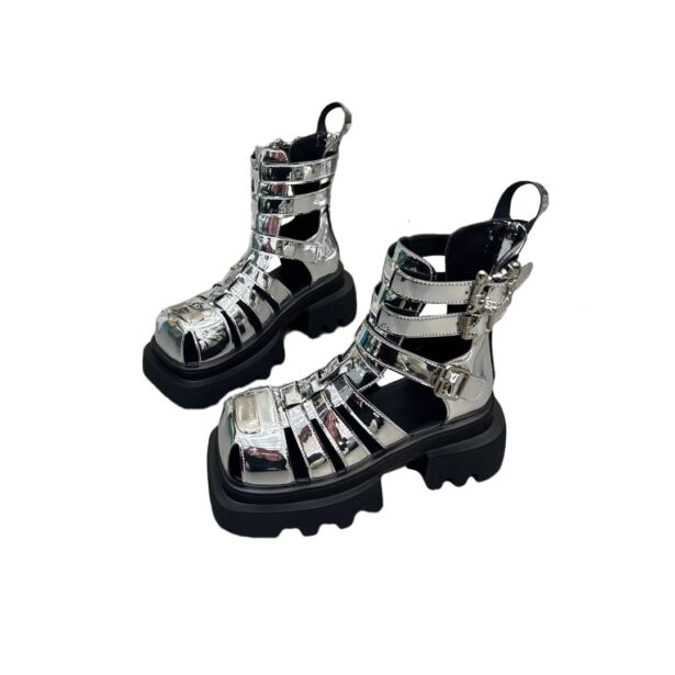 High Sole Strappy Boots Silver and Black Gladiator Sandals 1