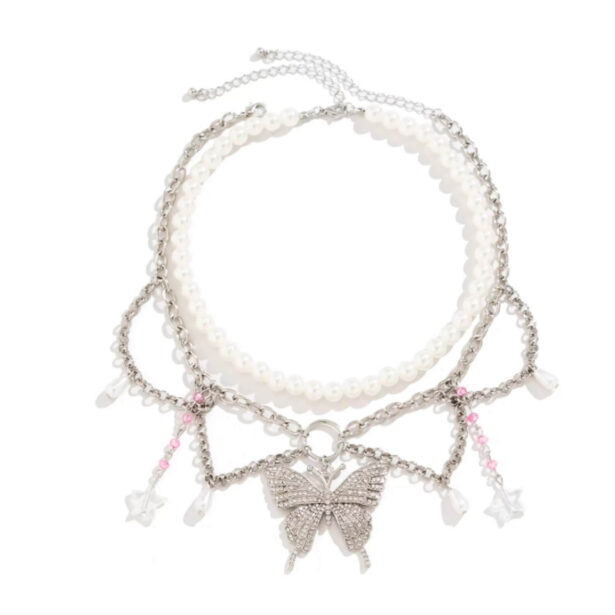 Multilayer Pearl Butterfly Bugle Necklace