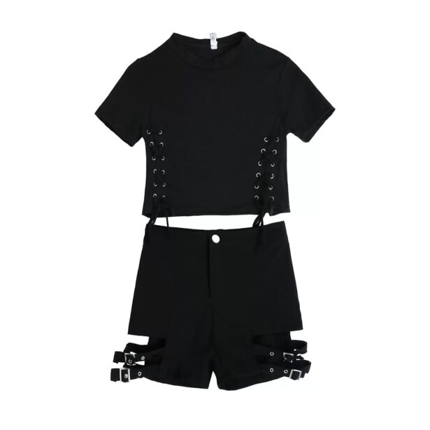 Set with Lace Up Crop Top and High Waisted Buckles Shorts 1