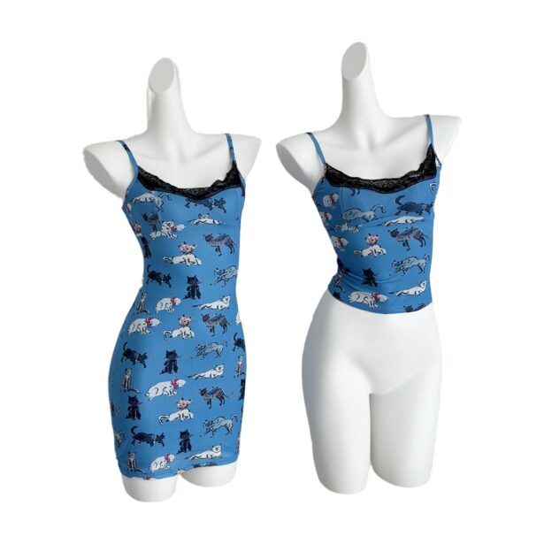 Tank Top and Dress Cats Print Lace Trim Kawaii Y2K Aesthetic 1