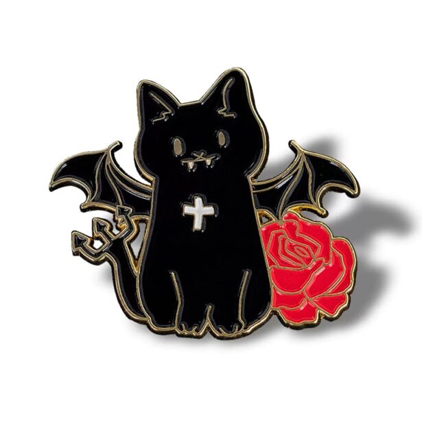 Gothic Vampire Bat Cat with Red Rose Enamel Pin 1